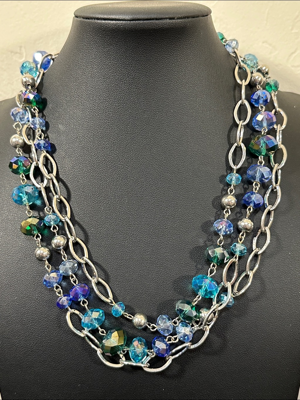 AB Faceted Crystal & Silver Tone Metal Beads Link Necklace Vintage